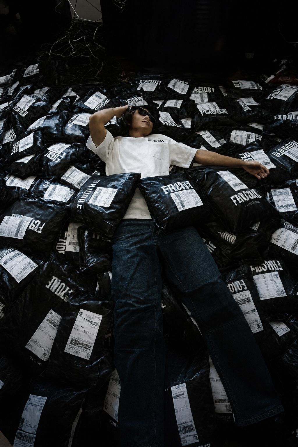 Person lying on a large number of black bags with visible branding